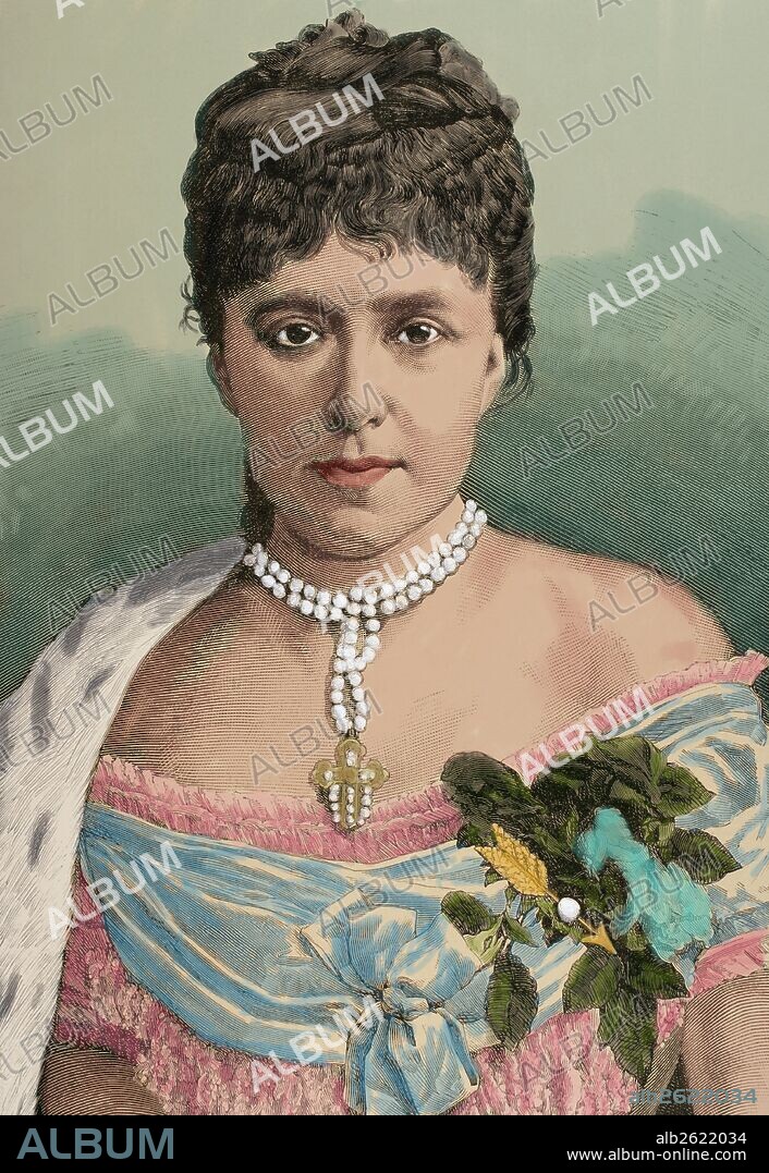 MARIA CRISTINA DE HABSBURGO-LORENA (1858-1929) Reina de España (1879-1885) y Regente (1885-1902). Esposa de Alfonso XII. Grabado coloreado. "Almanaque de La Ilustración", 1881.