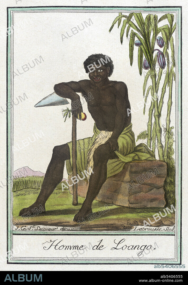 Homme de Loango. Loango Man. The Kingdom of Loango was a pre-colonial African state, during approximately the 16th to 19th centuries in what is now the western part of the Republic of the Congo and Cabinda. Situated to the north of the more powerful Kingdom of Kongo, at its height in the 17th century Loango influence extended from Cape St Catherine in the north to almost the mouth of the Congo River. Loango exported copper to the European market, and was a major producer and exporter of cloth. A rule of succession was in place around 1600, in which the king gave command over four provinces to members of his family, called the provinces of Kaye, Boke, Selage, and Kabango, and the king was to be chosen from a rotation between them. When the king died the ruler of Kaye took over, and if the rule was followed then the ruler of Boke took his place; the other two provincial rulers advanced as well. Costumes of Different Countries, hand-tinted engraving by Labrousse, published by Jacques Grasset de Saint-Sauveur, 1797.