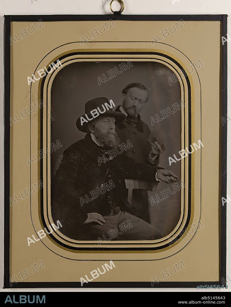 Franz Bertram, The painters Günther Gensler (1803-1884) and Otto Speckter (1807-1871), daguerreotype, picture size: height: 14,20 cm; width: 10,30 cm, in ink: maker, title, portrait photography, man, double portrait, standing figure, seated figure, headdress.