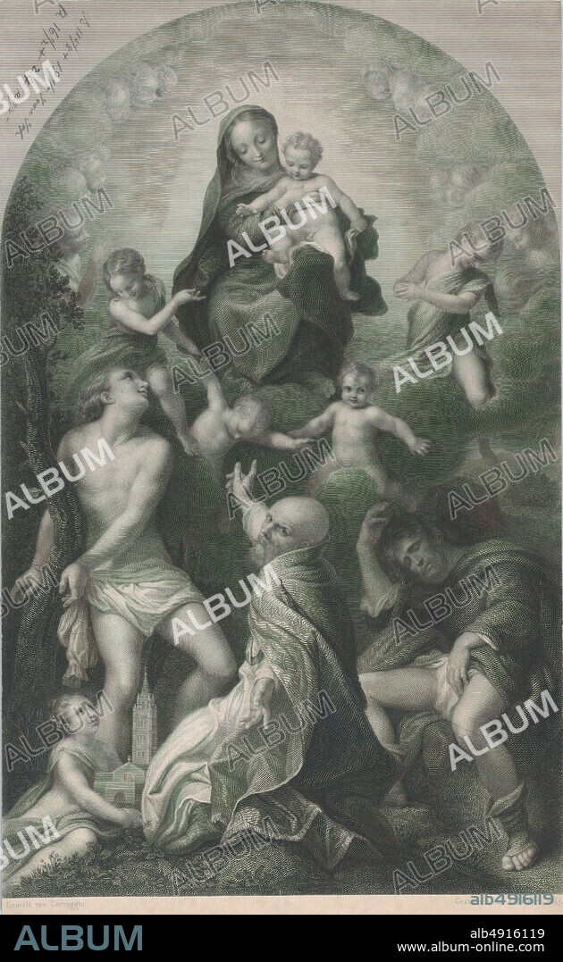 Achille Désiré Lefèvre, The Madonna of Saint Sebastian, with the Virgin and Child, surrounded by angels, looking down at Saint Sebastian, Saint Germinianus, and Saint Roch, Achille Désiré Lefèvre (French, Paris 17981864 Paris), After Correggio (Antonio Allegri) (Italian, Correggio, active by 1514died 1534 Correggio), 1847, Engraving, Sheet (Trimmed): 19 3/16 × 11 3/4 in. (48.8 × 29.8 cm), Prints.