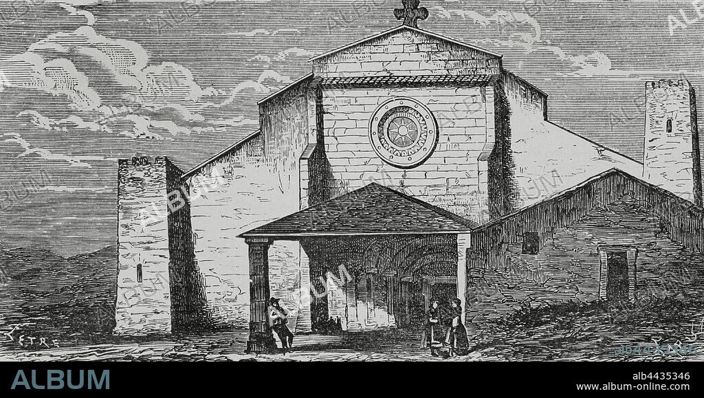 España. Galicia. Bayona (Baiona). Colegiata de Santa María. Siglo XIII, estilo románico. Dibujo por Letre. Grabado por Tomás Carlos Capuz (1834-1899). Crónica General de España, Historia Ilustrada y Descriptiva de sus Provincias. Galicia,1866. Biblioteca Histórico Militar de Barcelona, Cataluña, España.