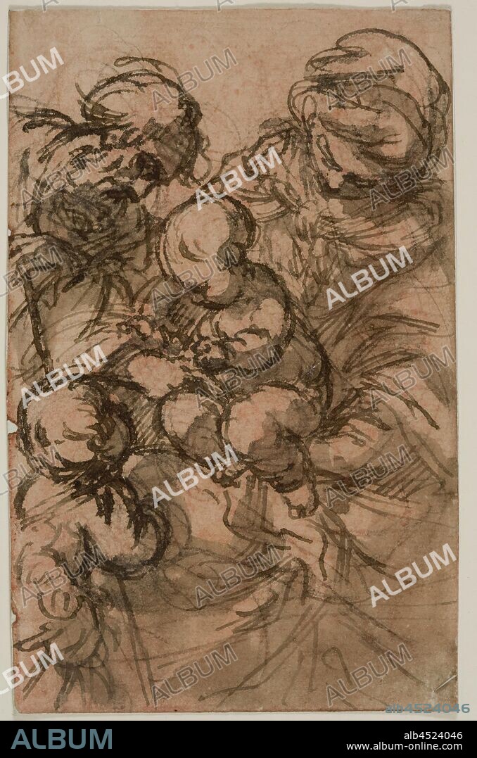 Carlo Alberto Baratta, Italian, 1754-1815, Holy Family with Infant Saint John, between 1754 and 1815, pen and brown ink with brown wash over black chalk on buff laid paper washed with red chalk, Sheet: 5 11/16 × 3 9/16 inches (14.4 × 9 cm).