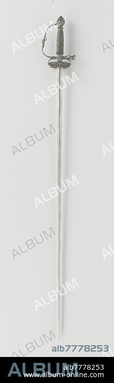 Sword with equestrian motifs, The iron hilt is chiseled with an openwork, almost three-dimensional figure of a soldier in Spanish equipment and a galloping horse, it is also carved in high relief with horsemen and decorated with dragon heads and masks, on the riser plate is a group of riders, at the top in bas relief, at the bottom in high relief, the wooden handle, wound with twisted iron wire with braided grip rings at the top and bottom, is of a later date. The two-sided blade has a hexagonal cross-section that ends in a diamond shape, riding a horse, ass, or mule, rider, horseman, anonymous, unknown, 1655 - 1665, iron (metal), wood (plant material), l 106.6 cm l 89.7 cm × w 2.1 cm w 538 gr.