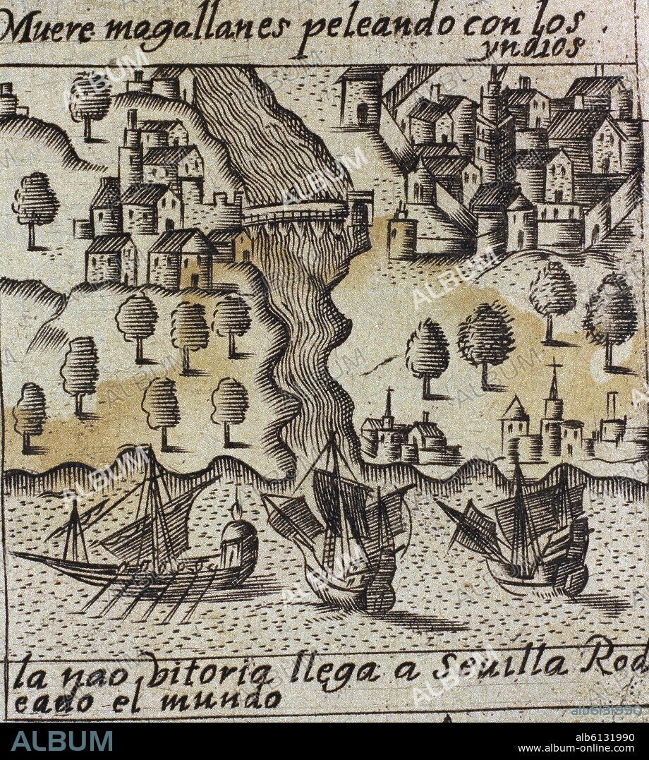 ANTONIO HERRERA Y TORDESILLAS. DETALLE DE LA NAO VICTORIA ENTRA EN SEVILLA - DECADAS DE HERRERA - SIGLO XVI.