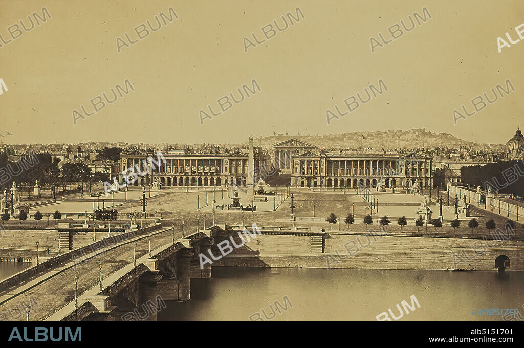 Bisson Frères, Paris, Place de la Concorde, albumin paper, black and white positive process, image size: height: 26,7 cm; width: 43,3 cm, inscription: recto and on the cardboard: type print: BISSON FRÈRES PHOTOG, Stamp: recto and on the cardboard: DEPÔT GÉNÉRALE, DE, PHOTOGRAPHIES, 35 BOULEVARD DES CAPUCINES 35, ET RUE REUVE ST. AUGUSTINES, architectural photography, streets and squares, monument, statue, monuments, fountains, towers, bridge in a city over river, canal etc, river, city, city view (veduta), hist. building, locality, street, architecture, Paris.