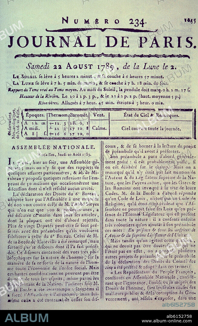 PERIODICO FRANCES EL DIARIO DE PARIS 22-8-1789.
