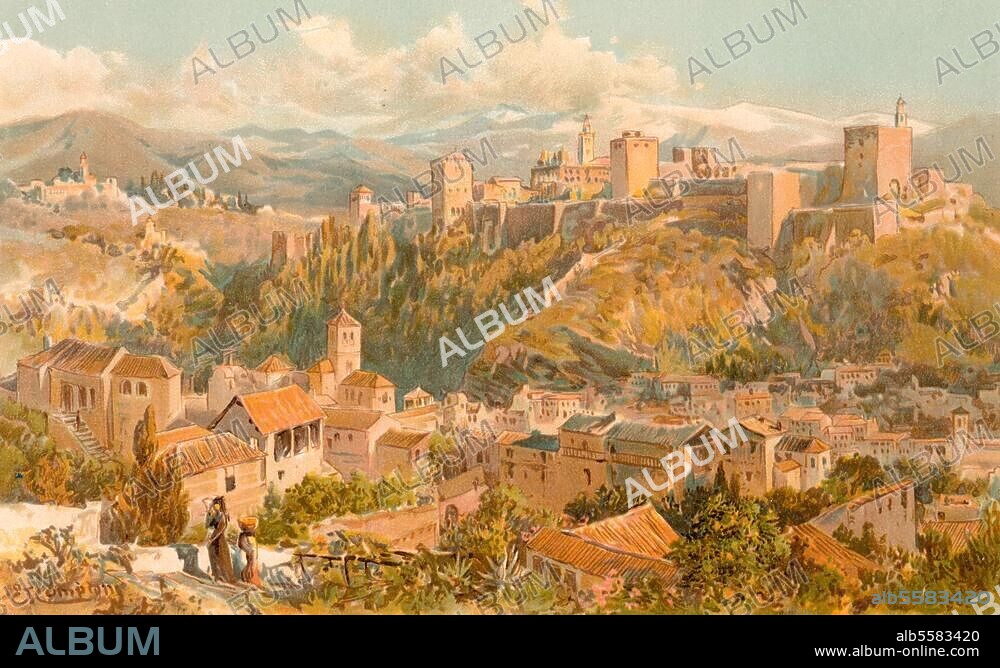 EDWARD TH. COMPTON. Granada (Spain), Alhambra. (Islamic palace, 1231-1491 residency of the Nasrids). "View of the Alhambra". Colour lithograph, 1898, after Edward Thomas Compton (born 1849).