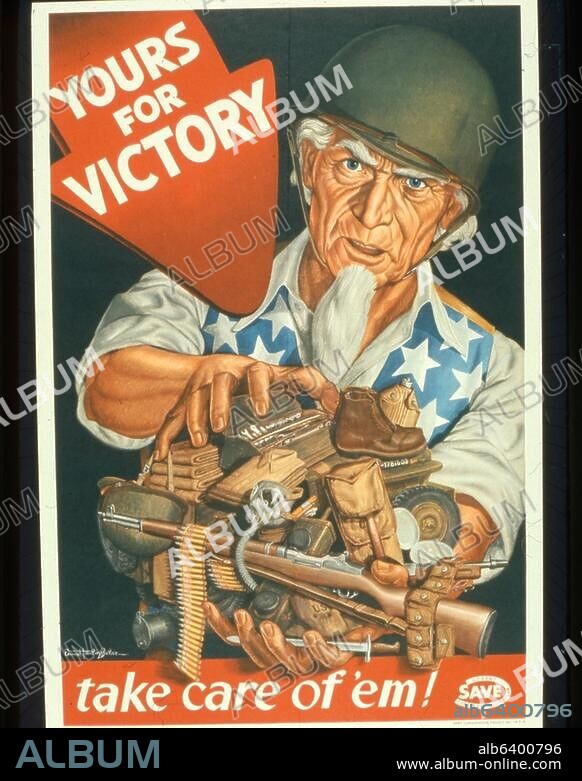Geschichte / 2.Weltkrieg: Plakate und Propaganda.-"YOURS FOR VICTORY-take care of 'em!" (Aufruf im Rahmen des U.S. Army Conservation Program SAVE an die Soldaten, sorgsamen mit Waffen und Ausrüstungsgegenständen umzugehen).-Plakat (Fardruck), 1943(?). Entwurf: Ernest Hamlin Baker (1889-1975).