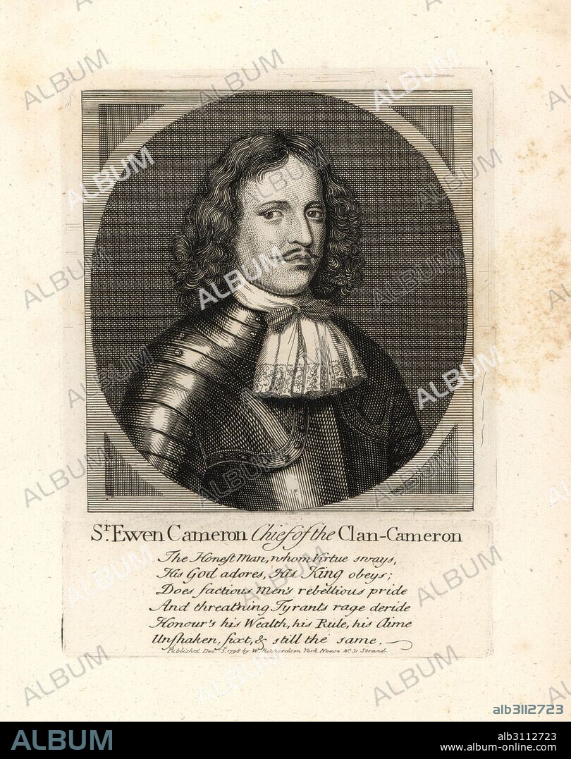 Sir Ewen Cameron of Lochiel, chief of the Clan Cameron, 1629-1719. Copperplate engraving from William Richardson's Portraits Illustrating Granger's Biographical History of England, London, 1792–1812. James Granger (1723–1776) was an English clergyman, biographer, and print collector.