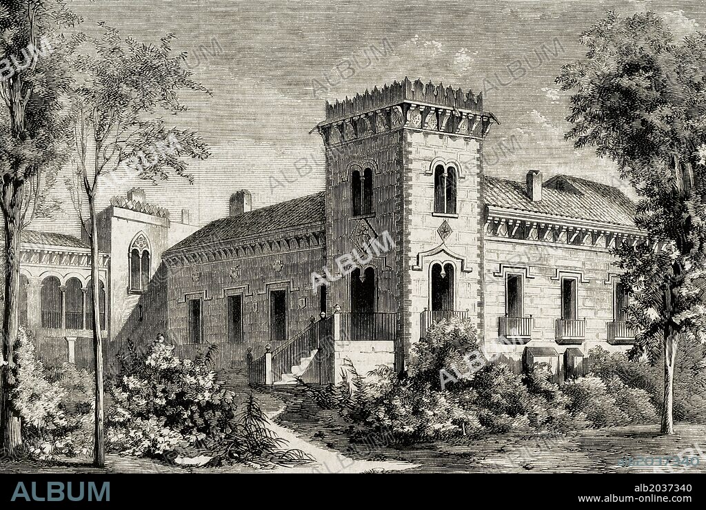 LITERATURA CASTELLANA. "EL INGENIOSO HIDALGO DON QUIJOTE DE LA MANCHA". Obra escrita por Miguel de CERVANTES SAAVEDRA (1547-1616). Grabado por París. "Palacio de los Duques en Pedrola, residencia temporal de Don Quijote". "La Ilustración Española y Americana", año 1872.
