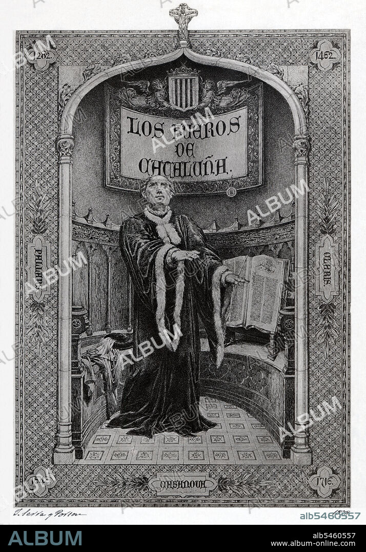 Rafael Casanova Comes (1660-1743), jurista, austriacista, conseller de Barcelona durante la guerra de sucesión española, máxima autoridad militar y política de Catalunya durante el sitio borbónico de Barcelona. Dibujo para el libro Los Fueros de Catalunya. Barcelona, año 1878. Grabado de 1881.