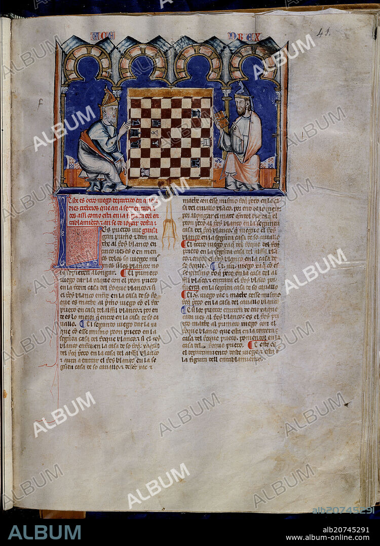 ALFONSO X EL SABIO (1221-1284). LIBRO DE JUEGOS O LIBRO DEL AJEDREZ DADOS Y TABLAS - 1283 - FOLIO 41R - DOS HOMBRES JUGANDO AL AJEDREZ -MANUSCRITO GOTICO.