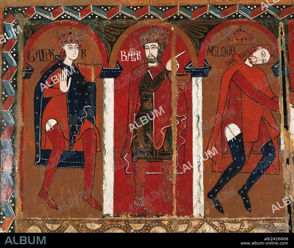 ARTE ROMANICO. ESPAÑA. "FRONTAL DE ALTAR DE ESPINELVES O DE LOS TRES REYES". Anónimo catalán. Pintura sobre tabla. Tamaño: 87 x 147cm. Finales del siglo XII. Procede del altar de la iglesia parroquial de Sant Vicenç de Espinelves (Comarca de Osona). Detalle de los TRES REYES MAGOS: MELCHOR, GASPAR Y BALTASAR. Museu Episcopal de Vic. Provincia de Barcelona. Cataluña.