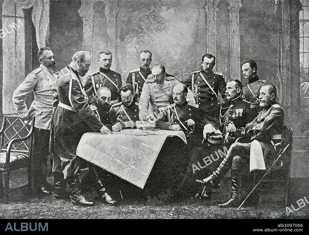 Russo-Japanese War (1904-1905). Japan went to war with Russia in order to ensure the interests in Korea and South Manchuria. Russian Council Major of State in Kharbin. The Artistic Illustration.