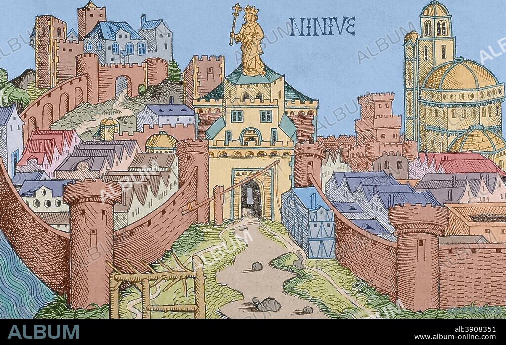 Ciudad de Nínive, antigua capital de Asiria. Grabado. Liber chronicarum, 1493. Coloreado.