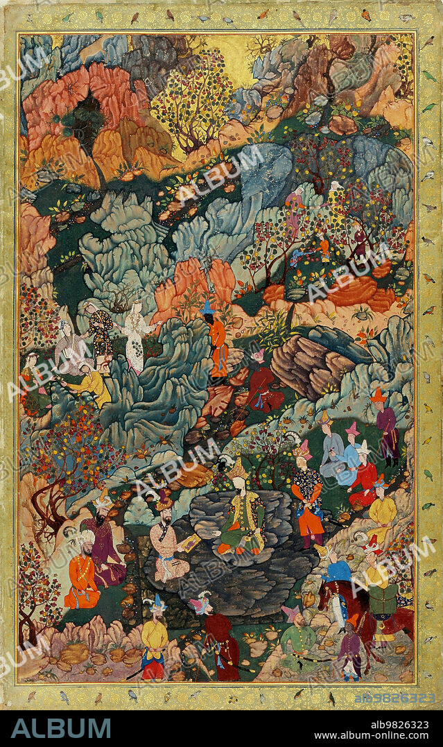 India: Allegory of the Celebrations for Prince Akbar's Circumcision at Khwaja Seh Yaran. Miniature painting from the Jahangir Album by Dust Muhammad, c. 1546.<br/><br/>. Nasir ud-din Muhammad Humayun (full title: Al-Sultan al-'Azam wal Khaqan al-Mukarram, Jam-i-Sultanat-i-haqiqi wa Majazi, Sayyid al-Salatin, Abu'l Muzaffar Nasir ud-din Muhammad Humayun Padshah Ghazi, Zillu'llah; 7 March 1508 - 22 February 1556) was the second Mughal Emperor who ruled present day Afghanistan, Pakistan, and parts of northern India from 1530-1540 and again from 1555-1556.