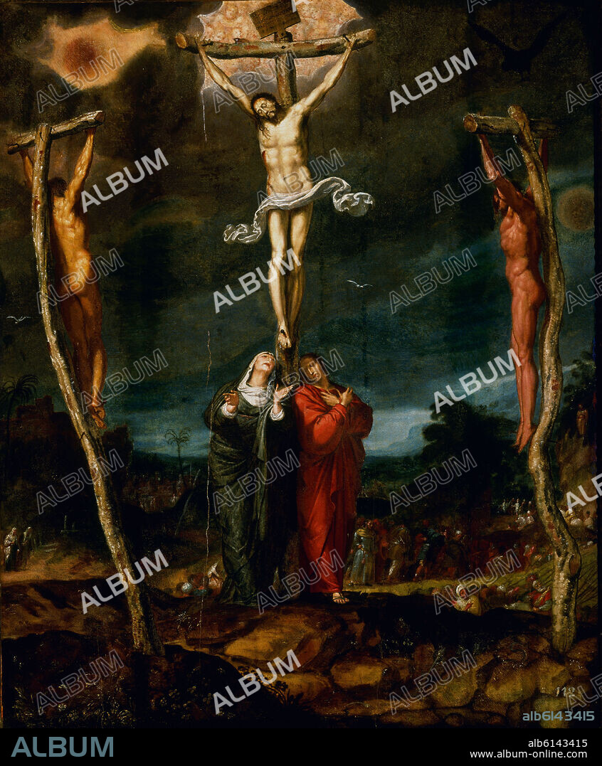 CALVARIO-CRISTO CRUCIFICADO CON MARIA Y SAN JUAN A LOS PIES.