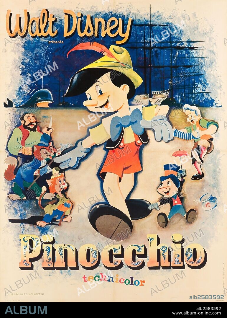 Poster of PINOCCHIO, 1940, directed by BEN SHARPSTEEN and HAMILTON LUSKE. Copyright WALT DISNEY PRODUCTIONS.