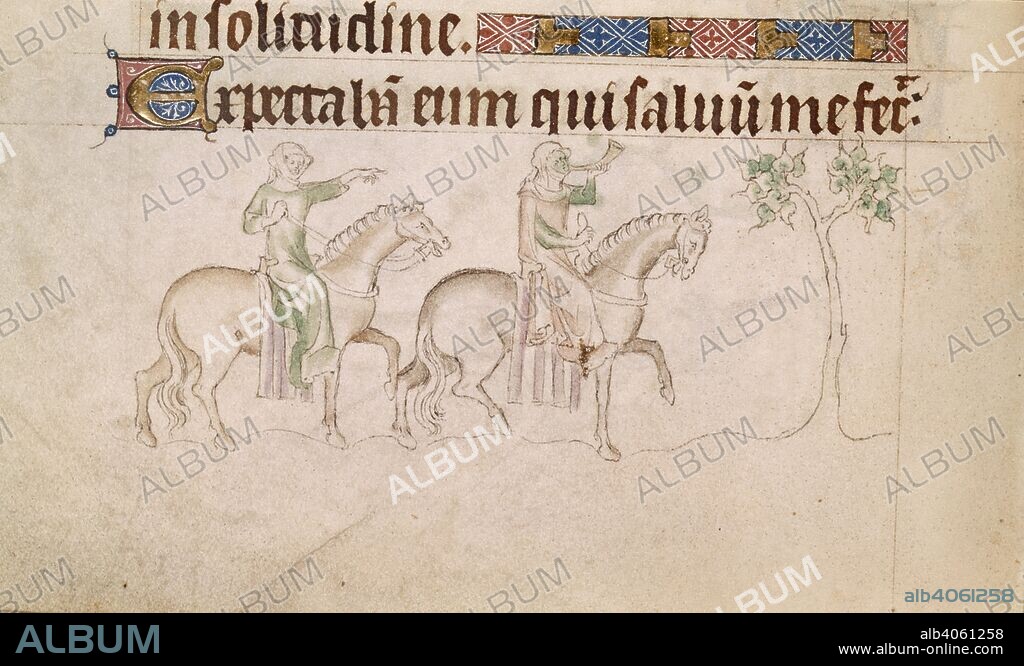 Two ladies on horseback. Queen Mary Psalter. England (London?); circa 1310-1320. (Miniature only) Bas-de-page scene showing two ladies on horseback, riding astride, with one pointing and the other blowing a horn.  Image taken from Queen Mary Psalter.  Originally published/produced in England (London?); circa 1310-1320. . Source: Royal 2 B. VII, f.152v. Language: Latin.