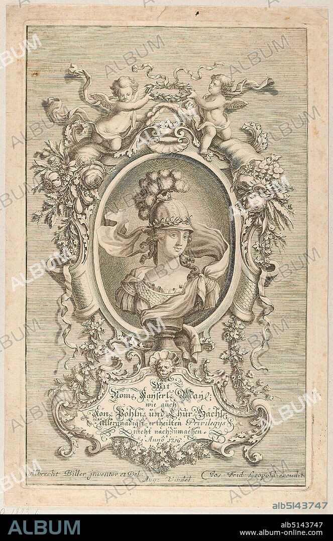 Albrecht Biller, Joseph Friderich Leopold, bust of Minerva in front of a cartouche of foliage, leaf from the series of wall signs, friezes, tabletop and table for chased silverware, paper, copperplate engraving, sheet size: Height: 36.00 cm; width: 23.20 cm, inscribed and dated: in the plate: With Röm. May. as well as King Pohln. and Chur-Saxony. of all graciously healed privileges. Annô 1716, Albrecht Biller inventor et Del, Jos: Frid: Leopold excudit, Aug: Vindel, prints, printed matter, cartouche (ornament), foliage and ribbon work, bust, bust, history of Minerva (Pallas, Athena), cupids, putti, garlands, flower thread (ornament), baroque.