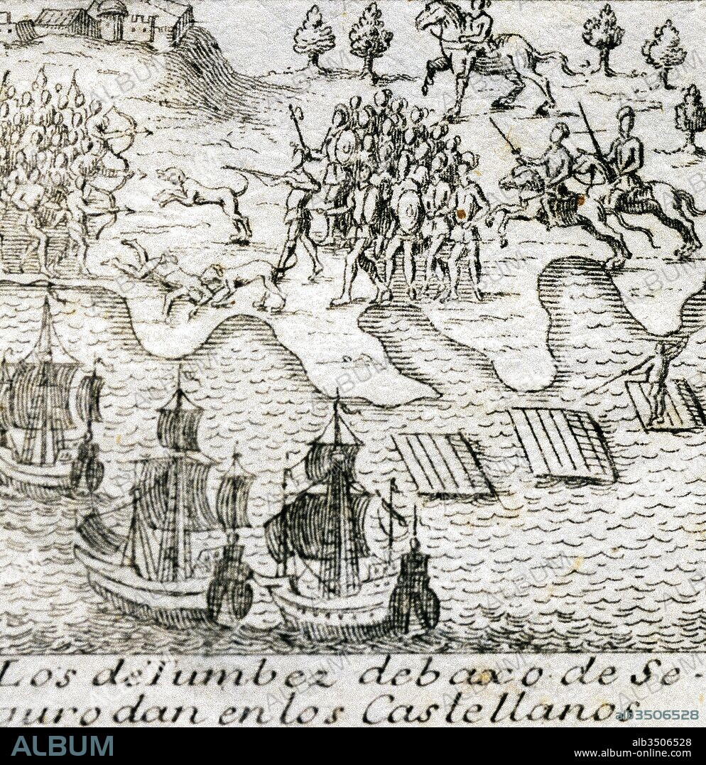 Conquest of the Inca Empire. Francisco Pizarro y Gonzalez, 1st Marquess of los Atabillos ( c.1471 or 1476-1541). Spanish conqueror of the Inca Empire and founder of Lima. Peru. The Spanish expedition arrives from Puna Island to Tumbes in 1532. They encountered resistance from the curaca (chieftain) Chilimaza in what became known as the Battle of the Manglares with the final victory by Pizarro. Engraving, 1726.