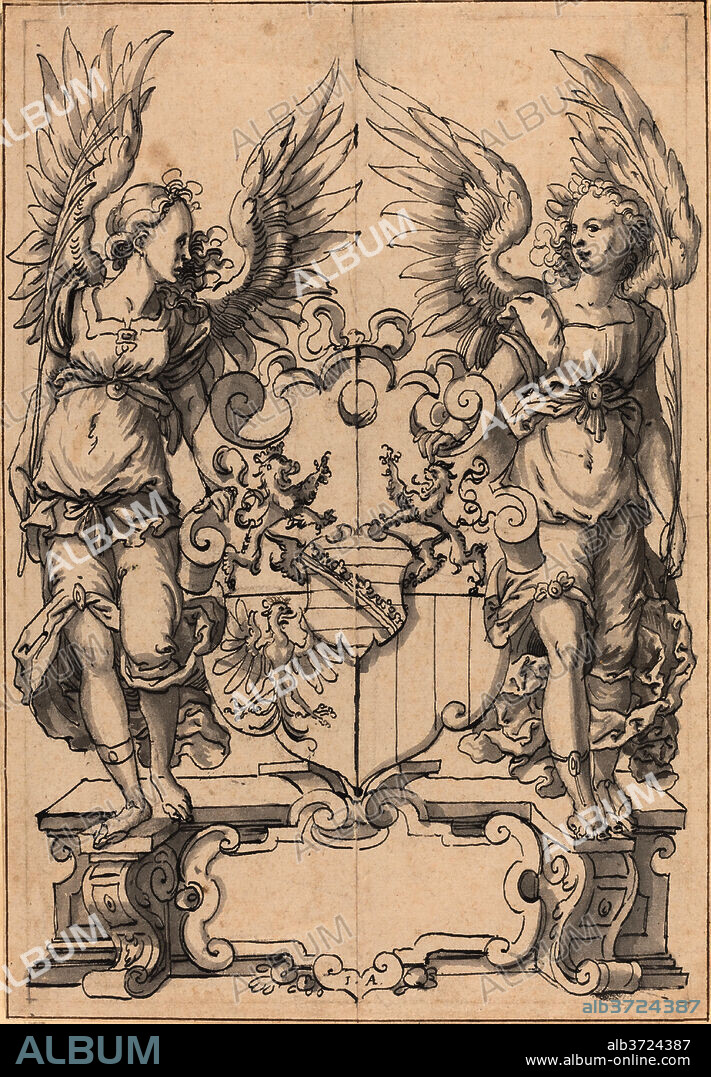 JOST AMMAN. Two Angels Holding a Coat of Arms. Dimensions: overall (approximate): 25.5 x 17.6 cm (10 1/16 x 6 15/16 in.). Medium: pen and black ink with gray wash over chalk on two joined sheets.