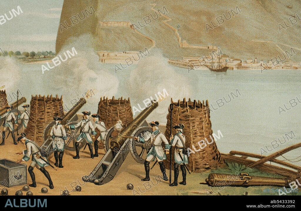 History of Spain. 18th century. Illustration depicting one of the sieges of Gibraltar. Spanish troops trying to recover the territory taken by the Anglo-Dutch coalition in 1704. Unsuccessful siege of Gibraltar. Chromolithography, detail. "Historia General de España" (General History of Spain), by Miguel Morayta. Volume V. Madrid, 1891.