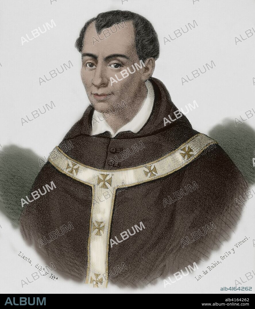 Antonio Agustin y Albanell (1516-1586), so-called Augustinus. Spanish Humanist historian, jurist and Roman Catholic archbishop of Tarragona. Drawing by Llanta (fl.1866-1872). Lithography. Later colouration. Cronica General de Espa–a, Historia Ilustrada y Descriptiva de sus Provincias. Catalonia. 1866. Later colouration.