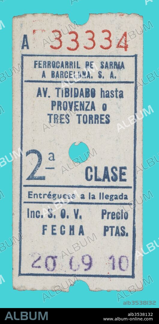 Catalunya. Transporte público. Billete número 33334 de Ferrocarril de Sarriá a Barcelona S.A. Año 1969.
