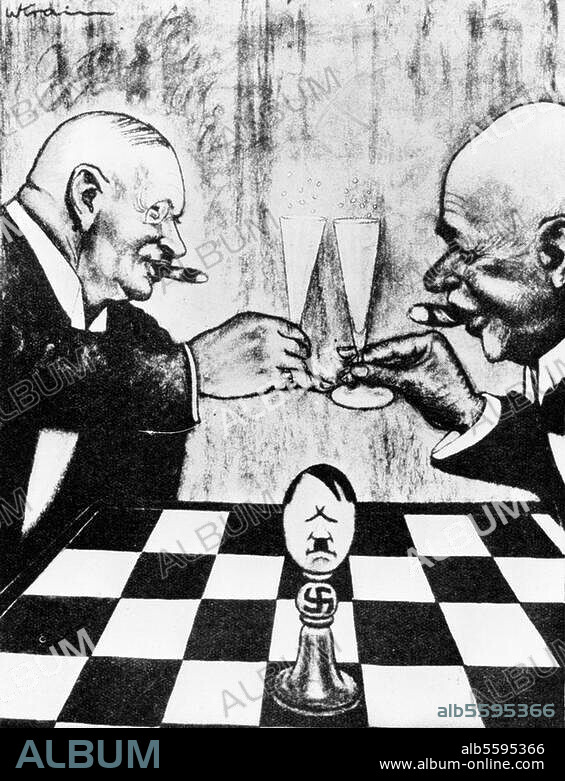 Hitler, Adolf Politiker (NSDAP), 1889-1945. "Na, dann Prosit, Herr Generaldirektor, auf ein glückliches neues Spiel!". (Karikatur auf Hitlers Verbindungen zur Hochfinanz). Aus: Der Wahre Jacob, Berlin, 1932, 31. Dezember.
