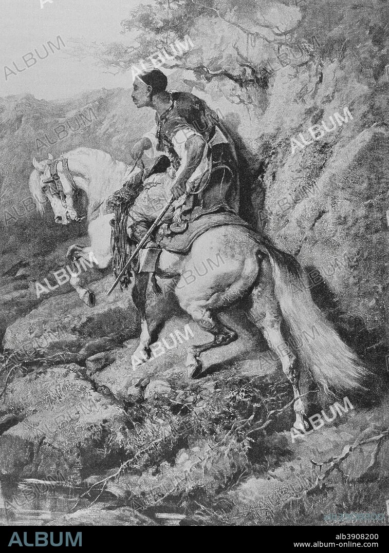Colonización francesa de Argelia (1830-1962). La región de Cabilia fué cayendo progresivamente bajo domincación francesa a partir de 1857, con resistencia de los cabilios y sublevaciones, como en 1870, llamada "Revuelta de los Mokrani". Cabila. Grabado a partir de un original por Adolf Schreyer (1828-1899). En Campagne, por Jules Richard. Obra editada en París en 1885. Biblioteca Histórico Militar de Barcelona. Cataluña. España.