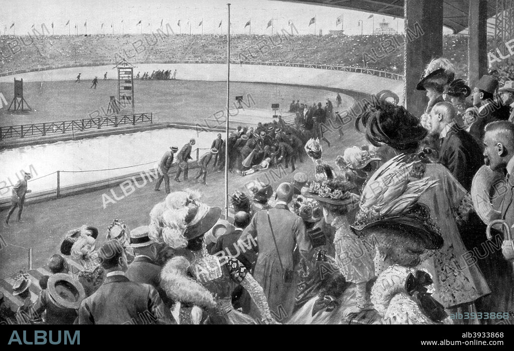 The finish of the marathon, Olympic Games, London, 1908, (c1920). Dorando Pietri of Italy, the first runner to enter the stadium, collapsed several times and ran the wrong way. Officials helped him, and after crossing the line he was disqualified. Illustration from Story of the British Nation, Volume IV, by Walter Hutchinson, (London, c1920s).