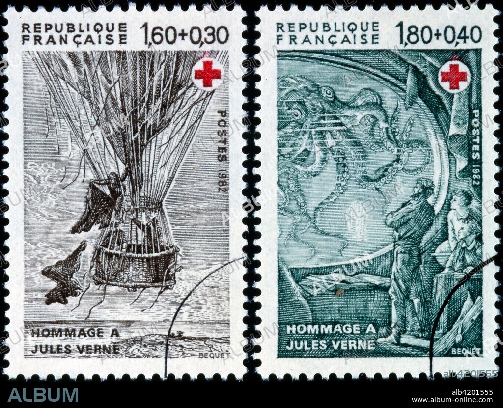 French postage stamp depicting illustrations from books by Jules Verne. 1982.