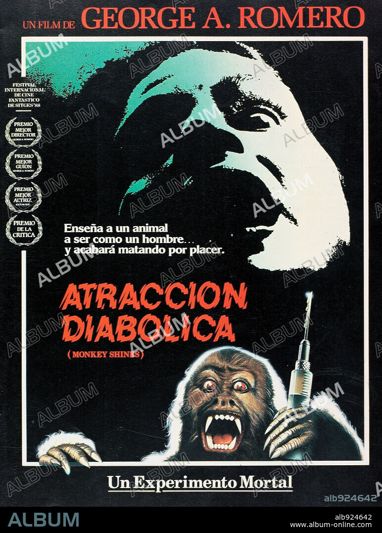 Poster de ATRACCIÓN DIABÓLICA, 1988 (MONKEY SHINES), dirigida por GEORGE A. ROMERO. Copyright ORION PICTURES.