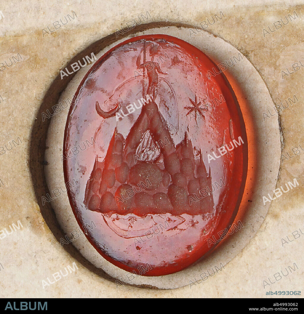 a mountain massif with a standing figure at the top with a lance in the right hand (Athena). Left of the massif a moon crescent moon and on the right an eight pointed star., Gem, intaglio, ring stone, glass, Color: orange red, transparent, Shape: oval, standing, Processing: Maaskant-Kleibrink, M., Catalog of the engraved gems in the Royal Coin Cabinet, 1978, p.60, fig.2, type 4 (?), 16.5 x 13 mm. Thickness? mm., Italy, unknown, unknown, unknown.