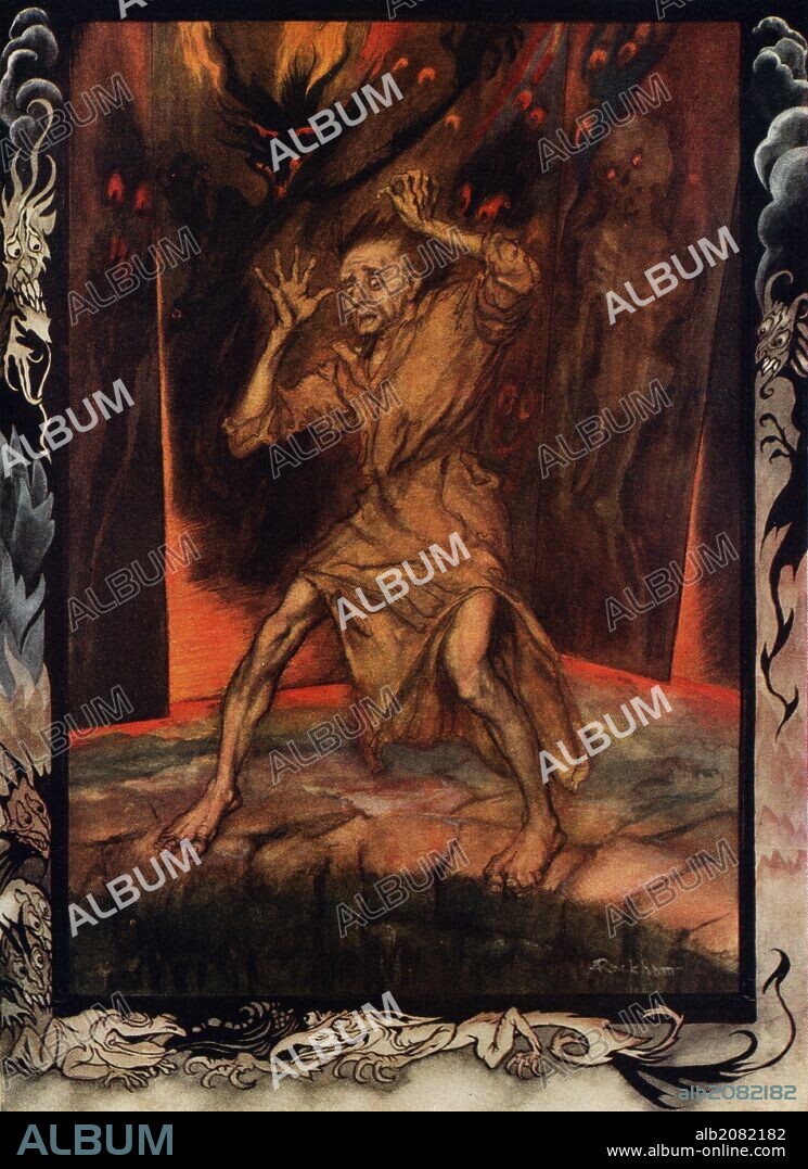 'The Pit and the Pendulum' by Edgar Allan Poe. The burning walls of the cell force the narrator / prisoner to the brink of the pit. Caption: 'At length for my seared and writhing body there was no longer an inch of foothold on the firm floor of the prison'. Illustration by Arthur Rackham (1867 - 1939). EAP American author & poet: 19 January 1809 - 7 October 1849.