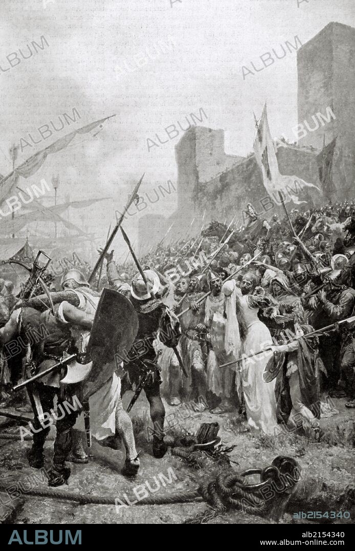 Jaime I de Aragón El Conquistador (1208-1276). Rey de Aragón, Valencia, Mallorca, Conde de Barcelona y Montpellier. "Embarque en Salou de Jaime I hacia la conquista de Mallorca, 1229". Grabado "La Ilustración Catalana", año 1904. Según grabado de Raimundo Tusquets.
