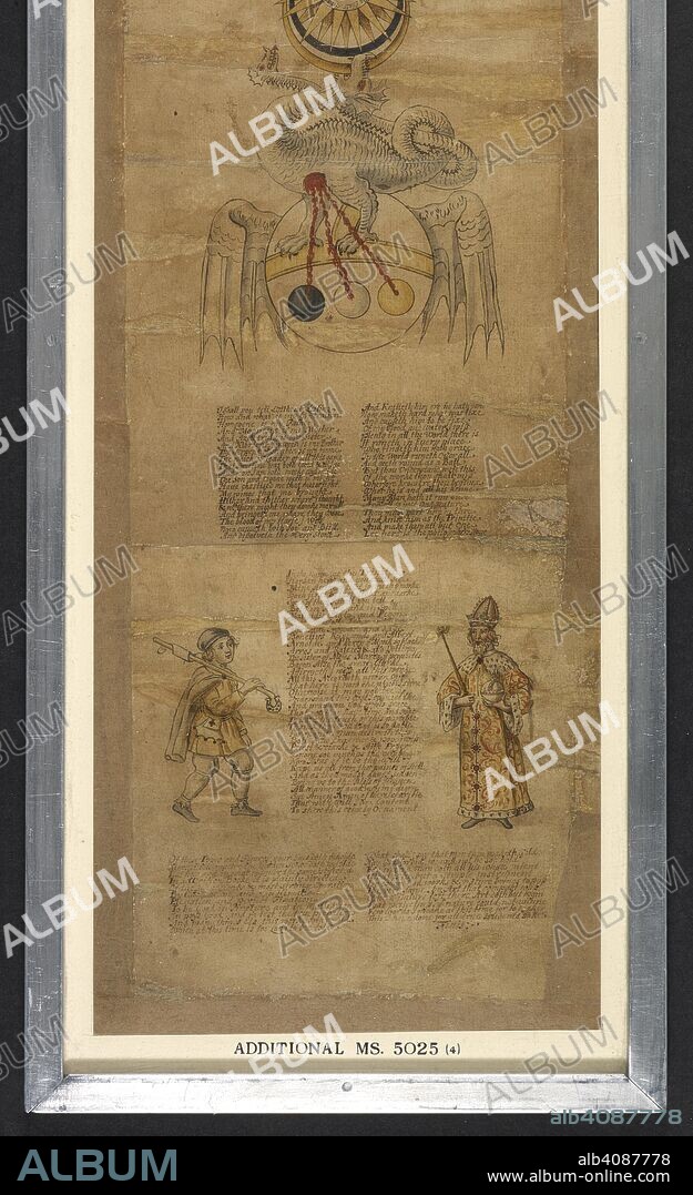 GEORGE RIPLEY. A white dragon biting on the moon, and standing on a winged mappa mundi -style orb; from its belly, three red strands are descending, one each to a black, white and gold orb below. - verses; to the left, a man in peasant dress holding a staff that ends in a horseshoe; to the right, a crowned and mitred figure holding a sceptre in his right hand and an orb in his left hand. Alchemical rolls (The Ripley Scrolls). late 16th century. Source: Add. 5025.(4) Bottom of scroll.