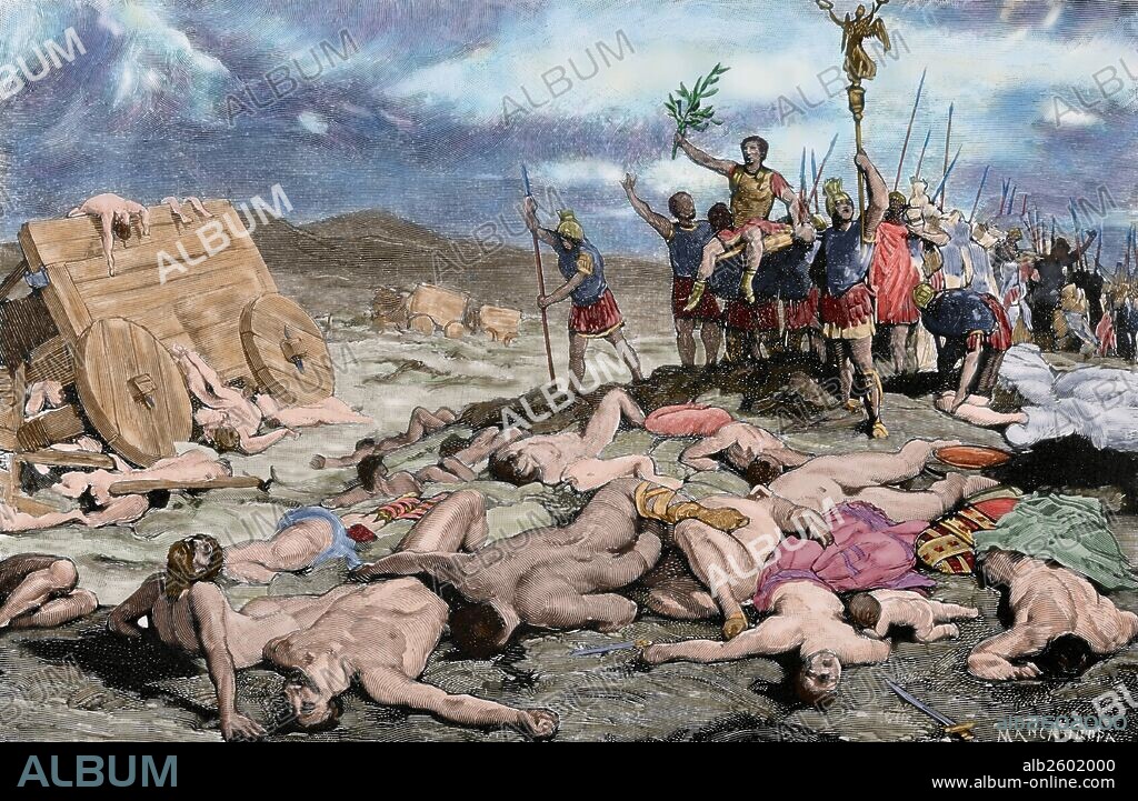 CAYO MARIO (157-86 a. C.). Político y militar romano llamado tercer fundador de Roma por sus éxitos militares. Elegido cónsul siete veces. Mario en la Batalla de Acquae Sextiae, contra las tribus germanas de los teutones y sus aliados ambrones. 102 a. C.. Grabado por Mancastropa. "El Universo Ilustrado", año 1884. Coloreado.