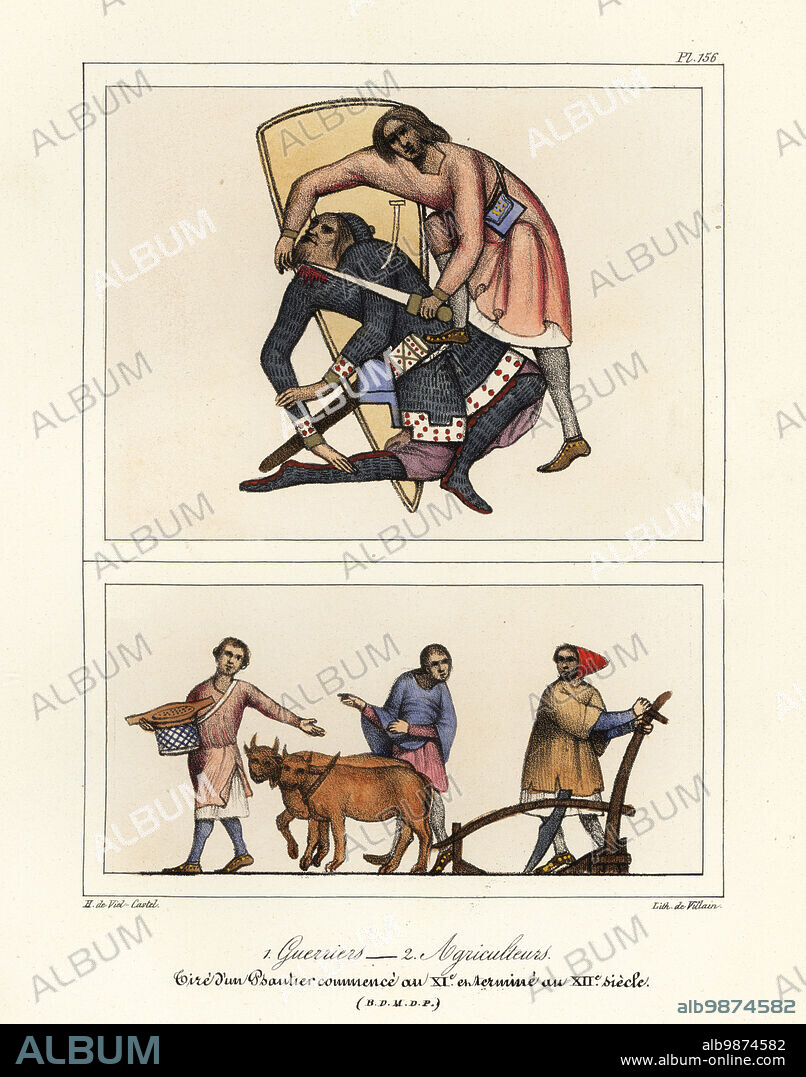Warriors and farmers, 12th century. A man executes a warrior in chainmail armor, shield and sword, by cutting his throat. Farmers sow seeds and plough fields with oxen. From an illuminated psalter started in the 11th and finished in the 12th century. Guerriers, Agriculteurs. Tire dun Psautier commence au XIe et termine au XIIe siecle. Handcoloured lithograph by Villain after an illustration by Horace de Viel-Castel from his Collection des costumes, armes et meubles pour servir à l'histoire de la France (Collection of costumes, weapons and furniture to be used in the history of France), Treuttel & Wurtz, Bossange, 1829.