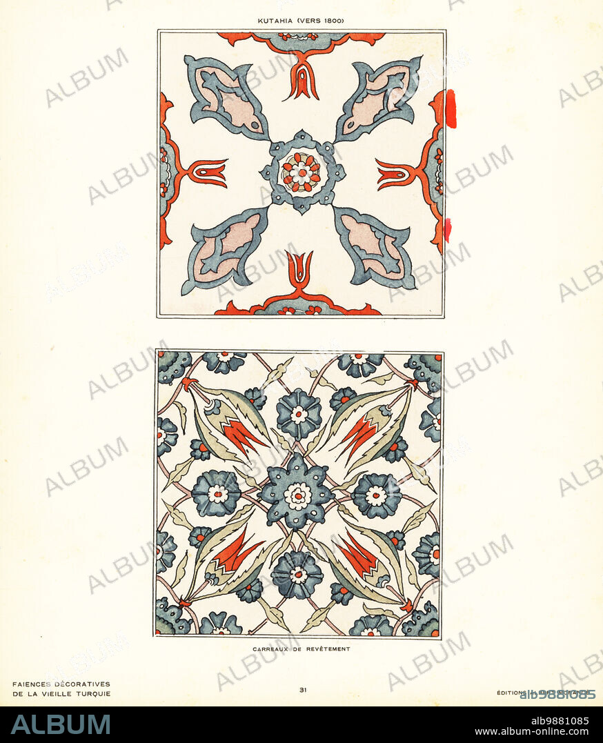 Ceramic floor tiles decorated with tulips and flowers made in Kutahya, Turkey, circa 1800. Carreaux de revetement. Kutahia (vers 1800). Pochoir (stencil) handcoloured lithograph from Alexandre Raymonds Faience Decorative de la Vieille Turquie, Decorative Pottery from Ancient Turkey, Editions Albert Morance, Paris, 1927.