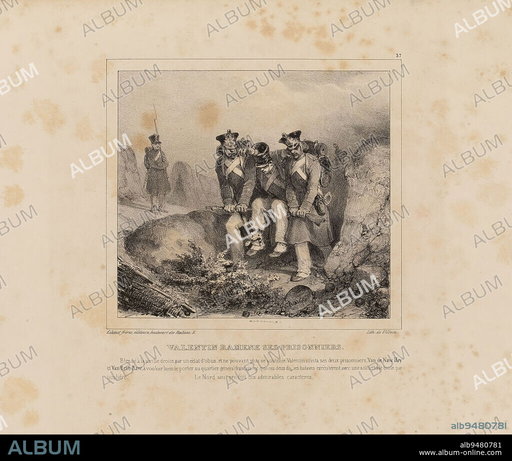 Valentin brings back his prisoners... / 37, Charlet, Nicolas-Toussaint, Draftsman-lithographer, Villain, Jean-François, Printer-lithographer, Gihaut Frères, Publisher, Array, Prints, Graphic arts, Album, Lithography, Paris, Paris, Paris, Dimensions - Work: Height: 26.6 cm, Width: 34.8 cm.