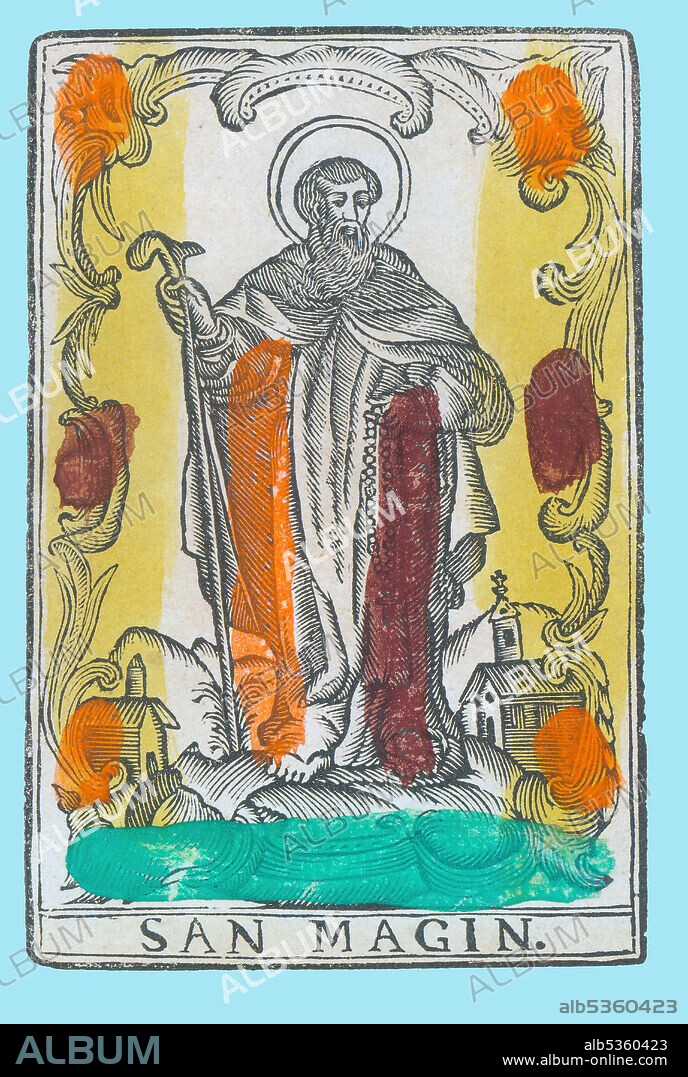 San Magín (siglo III-306), ermitaño martirizado por los romanos. Estampería popular del siglo XVIII, pintado a mano.