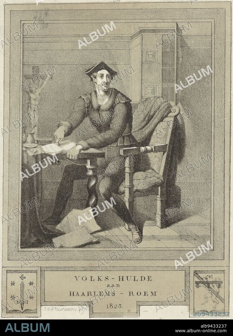 Tribute to Coster, 1823, Jan Adam Kruseman, 1823, Interior with Laurens Jansz. Coster seated at a table, printing letters on paper. According to the caption, this print was given to Mr H. Molkenboer as proof of his participation in the purchase of 'the original painting'. This painting was produced on the occasion of the fourth centenary of the invention of printing by Coster in Haarlem in 1823 and presented to the Haarlem city council. Below two coats of arms, the left one is of Haarlem., print maker: Jan Adam Kruseman, (mentioned on object), Netherlands, 1823, paper, h 294 mm × w 222 mm.