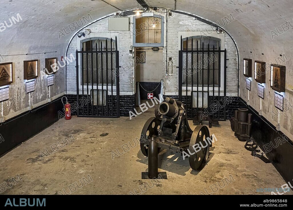 17 cm mittlerer Minenwerfer, German mortar in casemate of the Fort de Loncin, one of twelve forts built as part of the Fortifications of Liège, destroyed during World War I in the Battle of Luik, Belgium