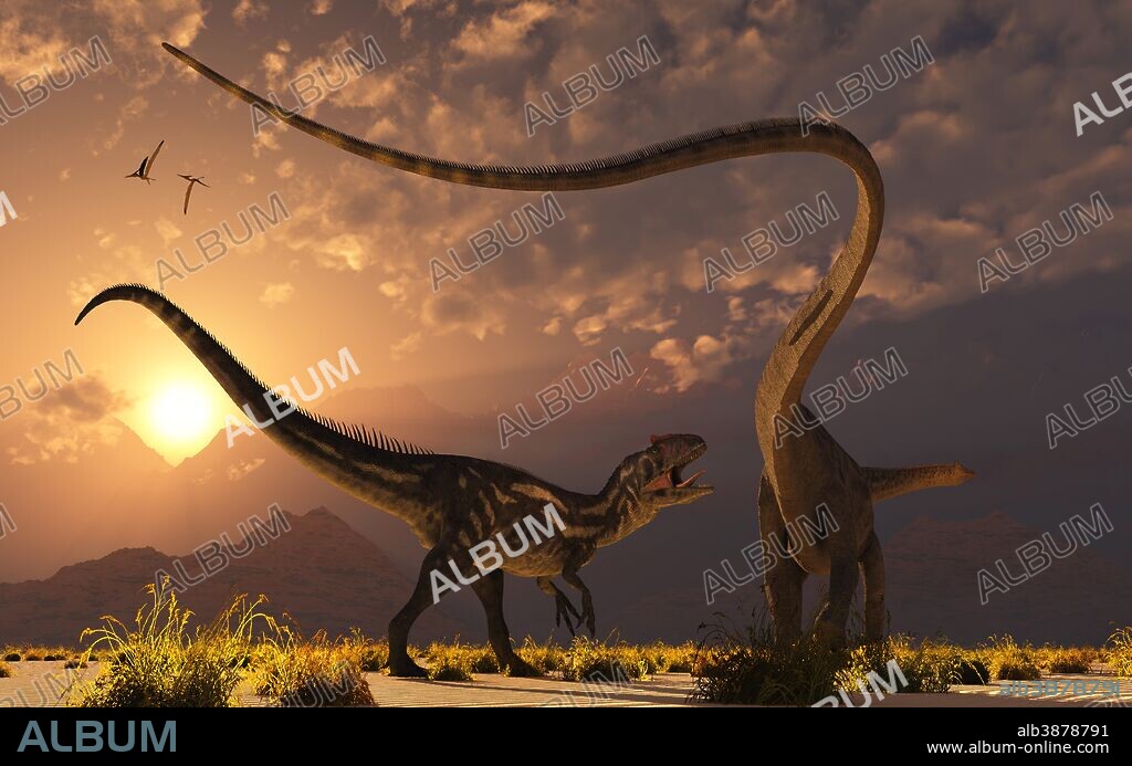 A carnivorous Allosaurus in a deadly battle with a Diplodocus dinosaur at dawn.