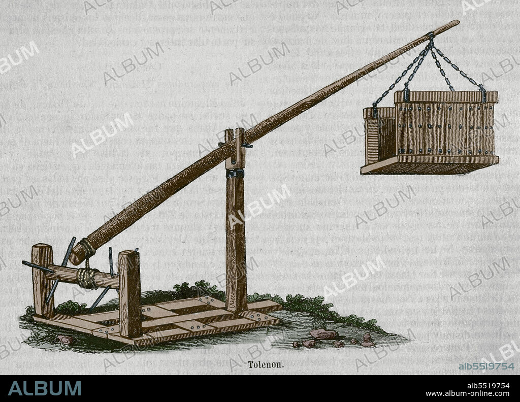 Historia Antigua. Toleno o Tolenón. Máquina bélica de asedio. Empleada a modo de grúa para el transporte sobre torres y murallas de un grupo aproximado de entre 15 a 20 soldados. Grabado coloreado. Historia General de España por el Padre Mariana. Madrid, 1852.