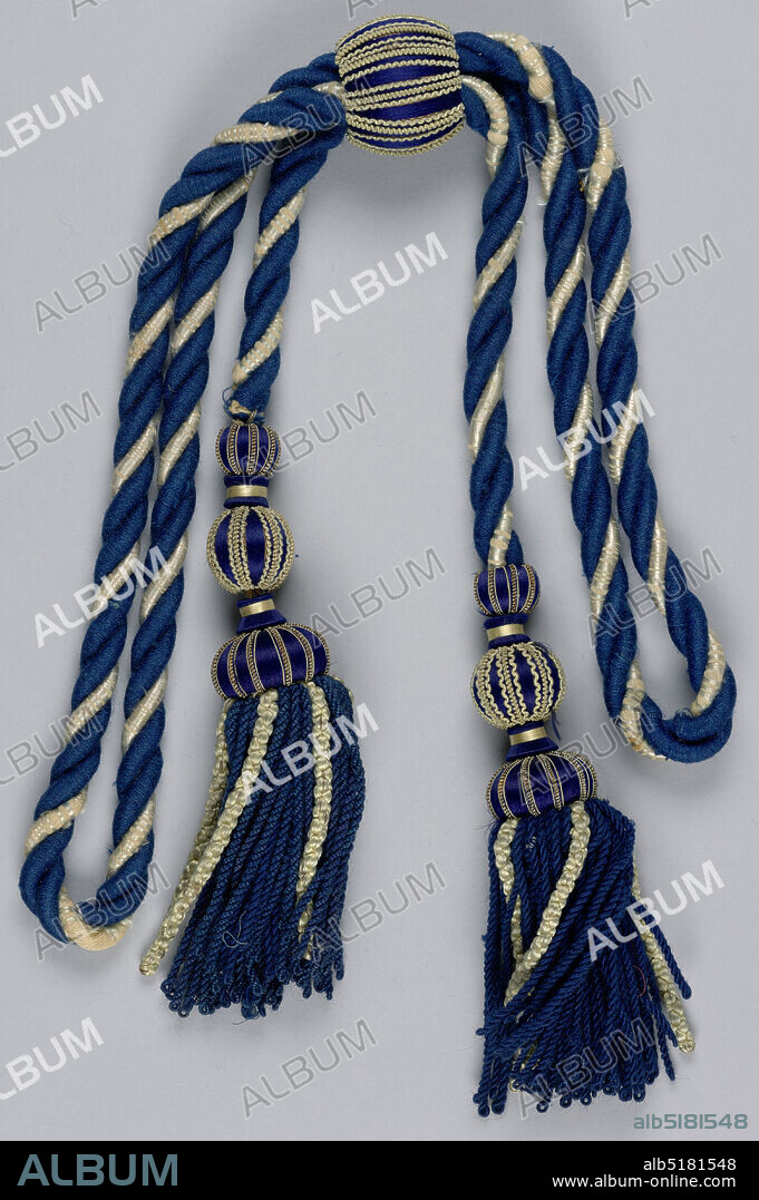 Tasseled tie-back, cotton, silk, wool, wood, Tasseled tie-back of blue and white cords twisted; each end terminated by a large blue tassel. The center of the folded tieback is caught by a large slip bead., England, mid-19th century, trimmings, Cord with two tassels, Cord with two tassels.