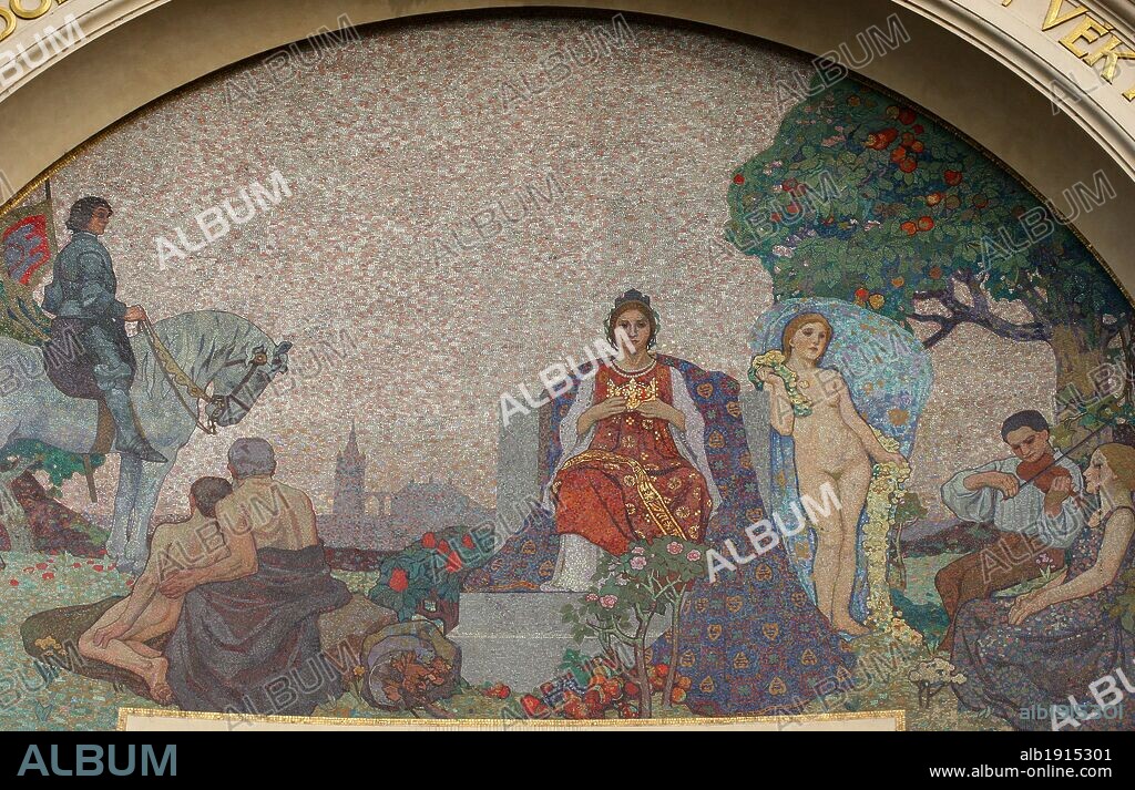REPUBLICA CHECA. PRAGA (PRAHA). CASA MUNICIPAL (OBECNI DUM). Edificio construido entre 1905-1911 en ESTILO NOUVEAU, por Antolín Balsanek y Osvald Polívka. Detalle del MOSAICO de la fachada principal, titulado "APOTEOSIS DE PRAGA", diseñado por Karel Spillar. Plaza de la República (Mamestí Republiky). Centro Europa.