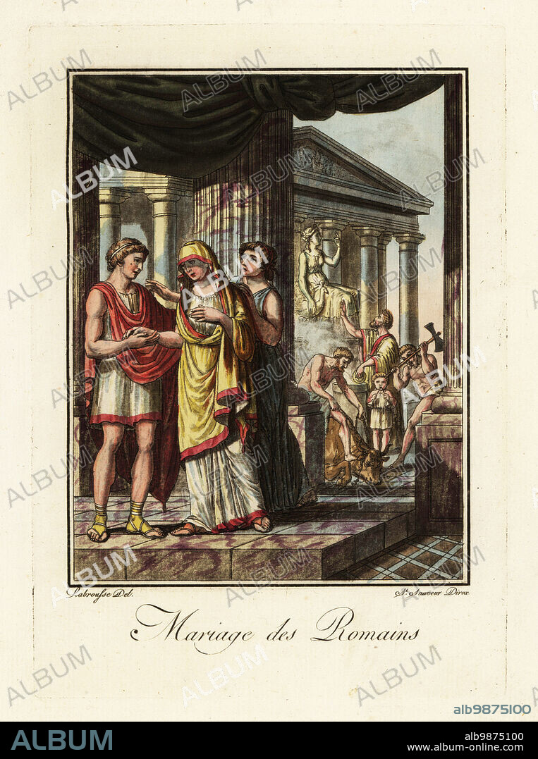A wedding ceremony in ancient Rome. The bride wears a yellow flammeum bridal veil, the groom a short tunic, cape and yellow sandals. A flamen priest burns offerings at an altar to Juno, and a victimarius sacrifices a bull. Mariage des Romains. Handcoloured copperplate drawn and engraved by L. Labrousse, artist of Bordeaux, under the direction of Jacques Grasset de Saint-Sauveur from his Lantique Rome, ou description historique et pittoresque, Ancient Rome, or historical and picturesque description, Chez Deroy, Paris, 1796.